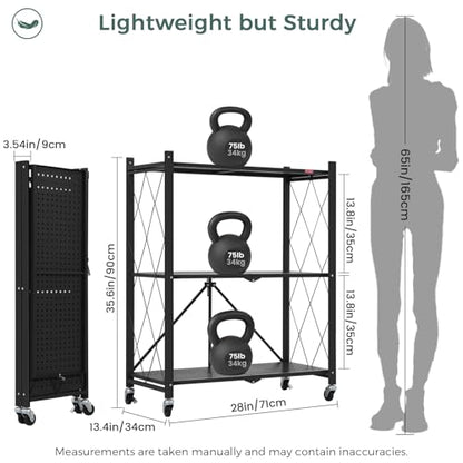 DEANIC 3 Tier Foldable Storage Shelves with Wheels, Kitchen Appliance Stand, Freestanding Metal Wire Shelf Rack, No Assembly Organizer Rolling Cart for Garage, Basement, Pantry(Black Pack of 2) - color: Black
