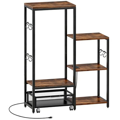 HOOBRO Mini Fridge Stand with Storage, Microwave Stand with Movable Basket, 3-Tiers Coffee Bar Station, Bakers Rack with Power Outlet, for Kitchen, Dorm, Office, Rustic Brown and Black BF38UHB01
