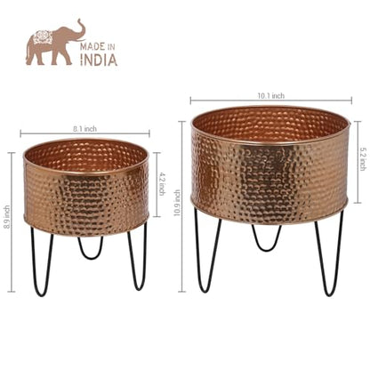 MyGift Modern Hammered Copper Tone Planter Pot, 8 and 10 Inch Metal Round Plant Container with Matte Black Wire Stand, Set of 2 - Handcrafted in India - color: Copper