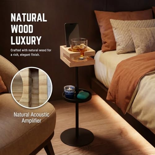 Drink Table for Small Spaces - Slim Pedestal Side Table with Real Wood Top & Stable Base for Coffee & Cocktails - Ideal for Tight Living Room & Bedroom Spaces (Walnut) - color: Natural