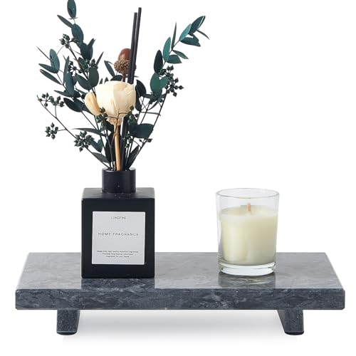 Natural Marble Tray Pedestal Stand – Soap & Jewelry Riser for Bathroom Counter, Kitchen Sink, Vanity Organizer, Decorative Stone Catchall for Perfume, Candles - color: Black, size: 9.8" x 5.9" x 1.6"