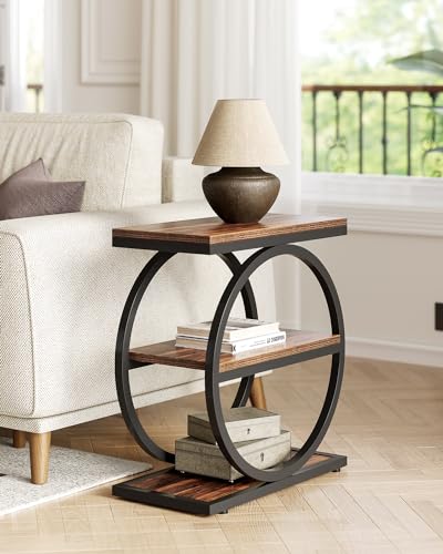 LITTLE TREE End Table Set 2, Side Table with 3 Tiers Shelves, Slim Sofa Side Table for Living Room, Tall Bedside Table Nightstand for Bedroom, Rustic Brown and Black - color: Rustic Brown