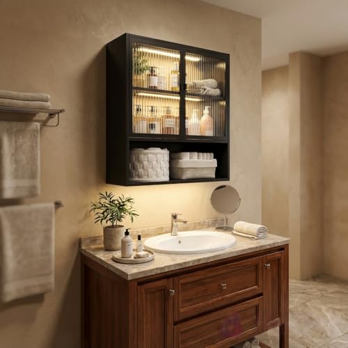 Metal Bathroom Wall Cabinet with Glass Doors | Medicine Cabinet with 2 LED Light, Metal Wall Mounted Cabinet with Open Shelf for Laundry Room, Black - style: Half Glass Door Black