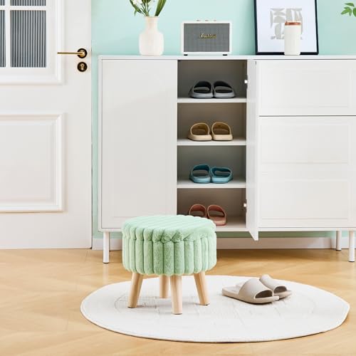Wimarsbon Storage Ottoman, Modern Round Footrest with Soft Padded Seat, Teddy Velvet Footstool with Wood Legs, Accent Small Table or Plant Stand for Hallway, Living Room (Light Green) - color: Light Green