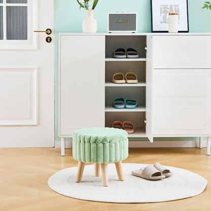 Wimarsbon Storage Ottoman, Modern Round Footrest with Soft Padded Seat, Teddy Velvet Footstool with Wood Legs, Accent Small Table or Plant Stand for Hallway, Living Room (Light Green) - color: Light Green