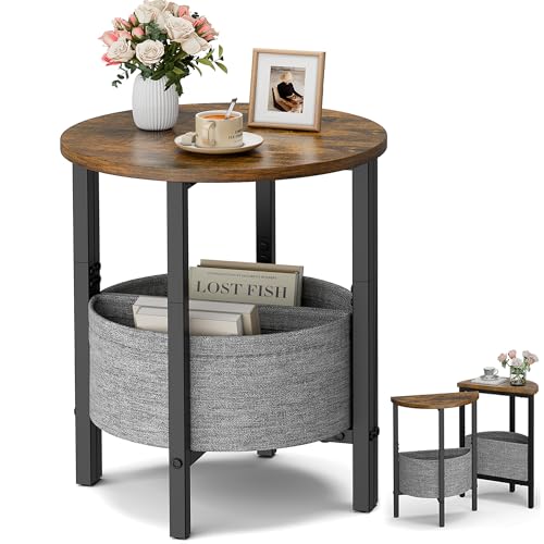 Vagusicc Small Round Side Table, Accent End Table with Storage Basket, Set of 2 Half Round Coffee Table End Table, Half Moon Bedside Table, Modern Nightstand Couch Table for Living Room Bedroom, Brown - color: Rustic Brown