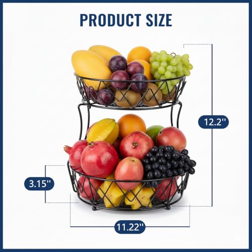 2 Tier Fruit Basket for Kitchen Counter, Metal Wire Fruit Bowl Stand with Banana Holder, Corner Fruit Basket, Stackable Produce Baske Countertop Storage, Copper Finish (black)