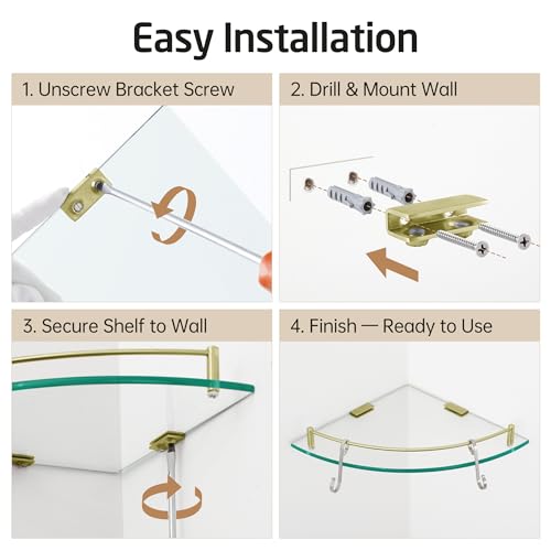 KES Glass Corner Shelf Bathroom Shelf Tempered Glass with Rail SUS 304 Stainless Steel Floating Wall Mount Bracket Brushed Gold, BGS2101A-BZ - color: Brushed Gold