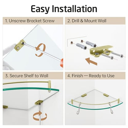 KES Glass Corner Shelf Bathroom Shelf Tempered Glass with Rail SUS 304 Stainless Steel Floating Wall Mount Bracket Brushed Gold, BGS2101A-BZ - color: Brushed Gold
