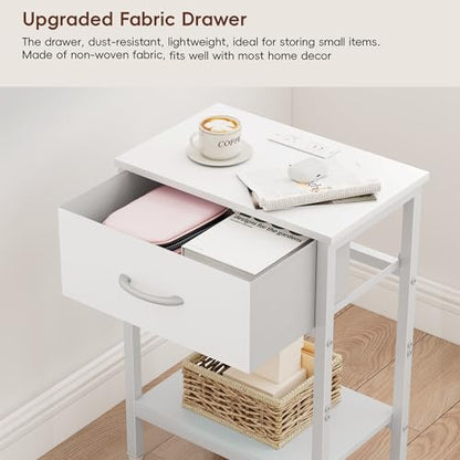 Vagusicc White Nightstand Set of 2 with Charging Station, Bed Side Table with Fabric Drawer, Small End Table with 2-Tier Storage Shelves, 25.4" Tall Bedside Table, Night Stand for Bedroom, Living Room - color: White (2 Pack)