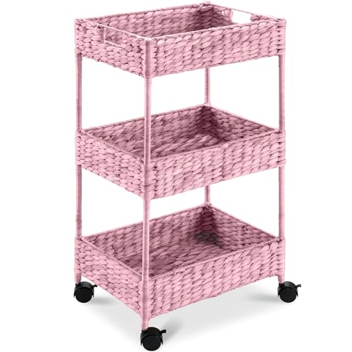 Best Choice Products 3-Tier Water Hyacinth Rolling Nursery Caddy w/Wheels, Utility Cart, Storage Organization for Bathroom, Craft Room, Laundry Room - Pink - color: Pink