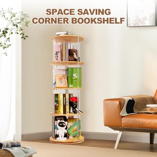 TAKEKIT 360° Rotating Bookshelf, 4-Tier Spinning Book Shelf Tower with Solid Wood & Clear Acrylic, Round Revolving Bookcase for Living Room, Bedroom and Office - color: Natural Round, size: 4-Tier