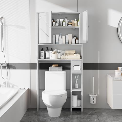 Bathroom Storage Cabinet Over Toilet with Toilet Paper Holder Stand, Freestanding Bathroom Storage Organizer Cabinet Space Saver W/Adjustable Shelf, White - color: White