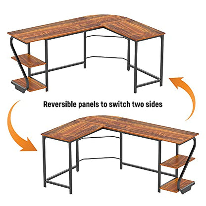 Weehom Reversible L Shaped Desk with Shelves Large Corner Computer Desk Gaming Desks for Home Office Writing Workstation Wooden Table,Rustic Brown