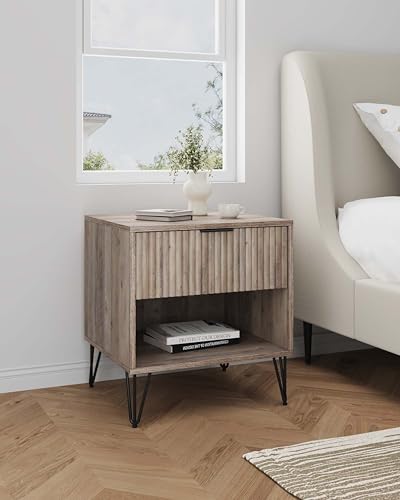 JOSHEN Sturdy Metal Legs Nightstand, Bedside Stand with Textured Drawer, Accent Table for Bedroom for Indoor use, Grey - color: Grey
