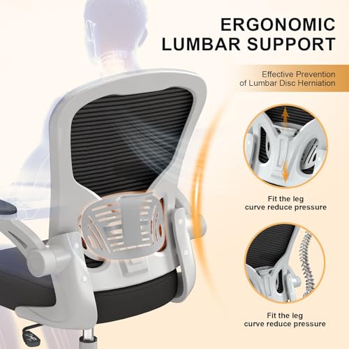 Office Chair, Ergonomic Desk Chairs 330LBS Capacity High Back Mesh Computer Chair with Flip-up Armrests, Comfy Work Chair with Adjustable Lumbar Support - color: Grey Black