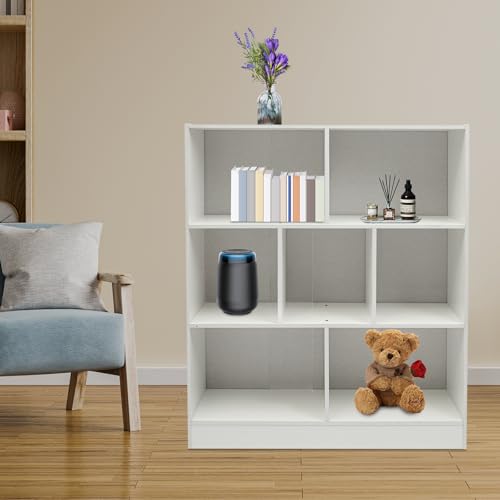 7 Cube Bookshelf Modern Display Cabinet, Horizontal Open Shelf Low Bookcase with 7Compartments, Free-Standing Wooden Bookcase with Back Panel for Study, Bedroom, Living Room (Warm White) - color: Warm White