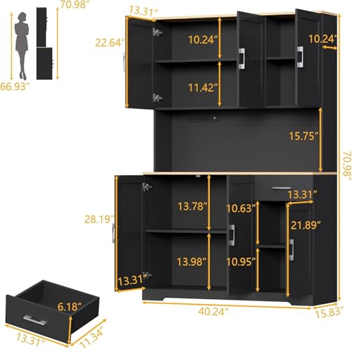 71" Pantry Cabinet,Kitchen Pantry Storage Cabine with Power Outlet,Farmhouse Kitchen Hutch Pantry Cabinet, Tall Hutch with Adjustable Shelf & Door,Food Pantry Storage for Dining Room,Kitchen (Black)
