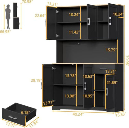 71" Pantry Cabinet,Kitchen Pantry Storage Cabine with Power Outlet,Farmhouse Kitchen Hutch Pantry Cabinet, Tall Hutch with Adjustable Shelf & Door,Food Pantry Storage for Dining Room,Kitchen (Black)
