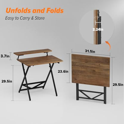 WOHOMO Folding Computer Desk with Adjustable Height, 23.6" x 31.5" x 25.6" Foldable Table with Monitor Stand, Small Office Desk for Bedroom, Space Saving Desk for Home Office, Easy Assemble, Walnut - color: Walnut