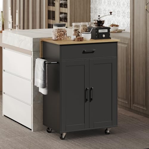 MAHANCRIS Kitchen Island on Wheels with Drop Leaf, Folding Countertop Kitchen Island Cart, Kitchen Islands Table with Towel Rack, Drawer, for Kitchen, Dining Room, Black and Natural KINB12501 - color: Black and Natural