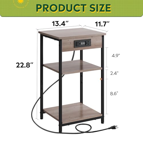 WLIVE Grey End Table with Charging Station, Small Night Stand | Side Tables with Storage Adjustable Shelf for Small Spaces; Bedside Tables for Living Room, Bedroom - color: Grey