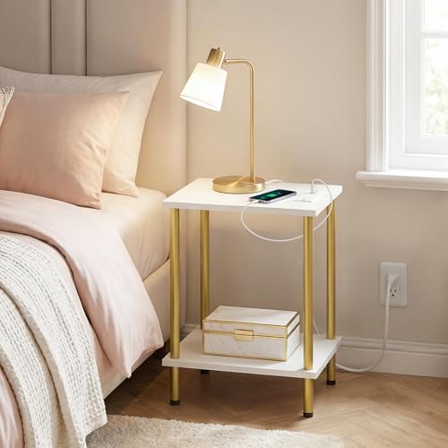 HOOBRO Side Table with Charging Station, Set of 2 End Tables with USB Port and Outlets, Nightstand with 2-Layer Storage Shelves for Small Spaces, Living Room, Bedroom, White and Gold DW09UBZP201 - color: White + Gold