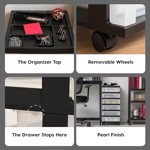 IRIS USA Plastic Drawer Storage Organizer Rolling Cart, with Wheels Casters, 6-Drawers, for Classroom Art Craft Supplies Dresser Closet Bathroom Laundry Room, Black/Clear