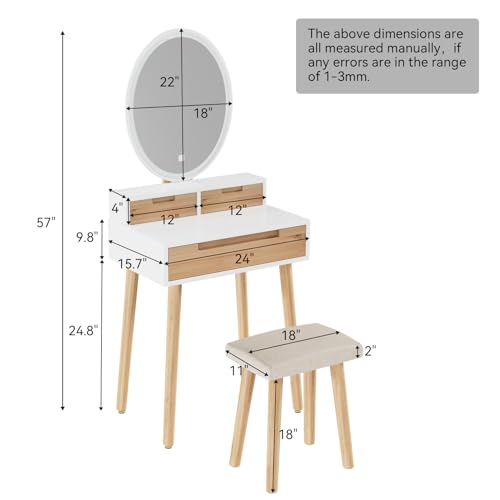 YOURLITE Small Makeup Vanity Desk with Lights, Compact Vanity Desk with Adjustable Brightness Mirror for Small Spaces, Dressing Table with Drawers and Storage Shelves - size: 24", style: Oval Mirror Wooden with shelf