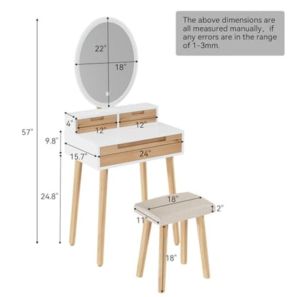YOURLITE Small Makeup Vanity Desk with Lights, Compact Vanity Desk with Adjustable Brightness Mirror for Small Spaces, Dressing Table with Drawers and Storage Shelves - size: 24", style: Oval Mirror Wooden with shelf