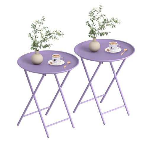 Garden 4 you Folding TV Tray Table, Metal Round Side Table, Purple Dinner Table with Metal Frame, Modern Outdoor Tray Table for Living Room, Bedroom, Patio & Small Spaces, 2 Packs - color: Purple, size: 2 PCS