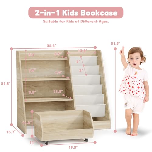 COZPAW Kids Bookshelf and Toy Storage, 4 Tier Toddler Bookshelf with Movable Drawer (Oak) - color: Oak
