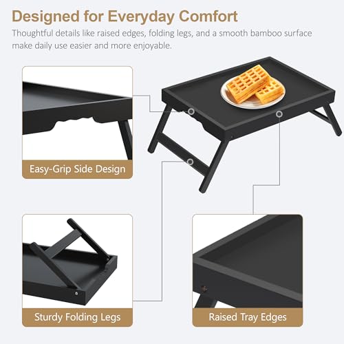 Breakfast Tray with Folding Legs Set of 2, Bamboo Bed Tray Table 15.7" Foldable TV Dinner Tray with Ergonomic Wave Handles for Bed Couch Sofa, Breakfast, Snacks, Coffee, Black - color: Black, size: Medium