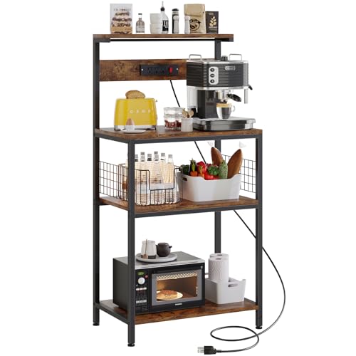 Sweetcrispy Kitchen Bakers Rack with Power Outlet, 23.6" Microwave Oven Stand with Adjustable Shelf for Kitchen Organization, Coffee Bar Station, Small Apartment, Counter Space Saving, Rustic Brown - color: Rustic Brown, size: 23.6 inch