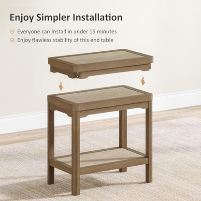 Eclatara Rattan Side Table End Table with Round Edge Design | 2 Tier Rattan Night Stand, Farmhouse Boho Bedside Tables with Ultra-Thick Legs for Bedroom Living Room(Caramel Oak,1 Piece) - color: Caramel Oak, Round Edges