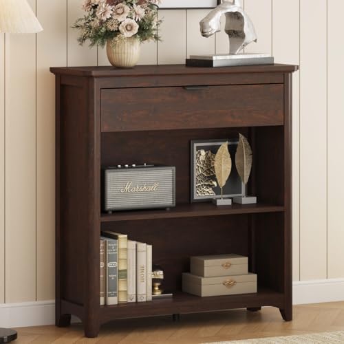 Bookcase with Drawer, Open Storage Book Cases/Shelves, Floor Standing 3 Shelf Bookshelf for Farmhouse Living Room, Library Office, Bedroom, Kids (Brown Cherry) - color: Brown Cherry, size: With Drawer