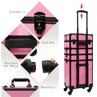 Particle Rolling Makeup Train Case Professional Cosmetic Trolley Large Storage Organizer with Key Swivel Wheels Salon Barber Case -Extra Portable Cosmetic Bag, Pink - color: Pink