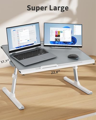 Laptop tray, SAIJI 60*45cm Table lap for bed, Multi-purpose Premium Lapdesk, Height Angle adjustable, with Book Stand, Drawer, Tablet slot, for Eating, Working, Writing, Gaming, Drawing (Light Grey) - color: Gray