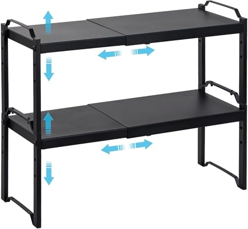 2 Pack Expandable Cabinet Countertop Shelves, Stackable Shelves Organizers For Kitchen Cabinet Countertop Storage, Adjustable Counter Cupboard Pantry Organizer Shelf Rack Stand, Length:20.5" - color: Black, size: 2 Pack: 12.6"-20.5"L