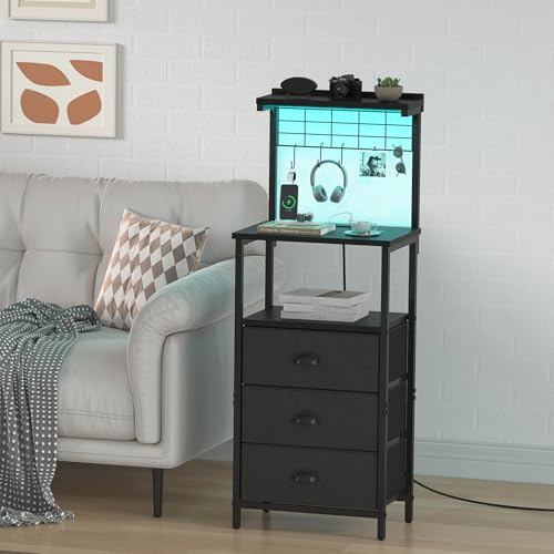 sthmec Bedside Tables Tall Nightstands with Charging Station, LED Bedside Table for Bedroom - 3 PU Fabric Drawers, Hooks, Black - color: Black, style: 3 Darwers