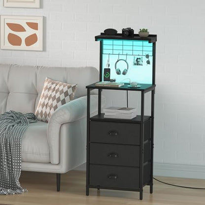 sthmec Bedside Tables Tall Nightstands with Charging Station, LED Bedside Table for Bedroom - 3 PU Fabric Drawers, Hooks, Black - color: Black, style: 3 Darwers