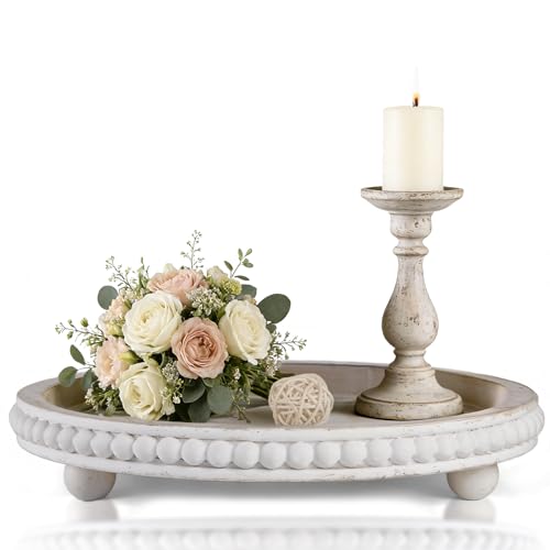 Decorative Coffee Table Tray, 12 Inch White Washed Wooden Beaded Tray with Removable Legs, Rustic Farmhouse Centerpiece Tray for Living Room, Kitchen Counter Decor - color: White