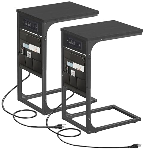TUTOTAK C Shaped End Table with Charging Station, Side Table for Sofa, Couch Table with Storage Bag, Set of 2, TV Tray Table with 2 USB Ports and Outlets for Living Room, Bedroom, Black TB01BK0242 - color: Black, size: 2 Pack (11.8"W), style: With Plug