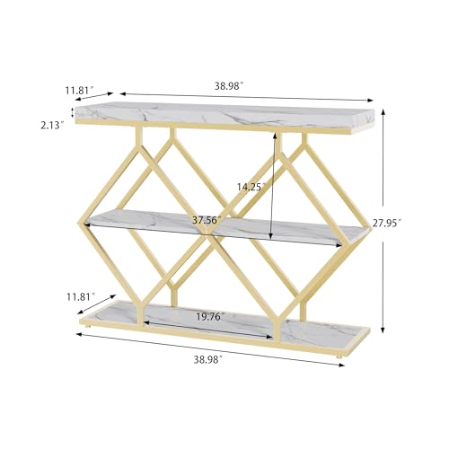 Garvee 3 Tier Console Table,39" Industrial Entryway Table,Open Wood Shelves | Sofa Table,Narrow Wood Accent Tables with Metal Frame for Hallway,Living Room,Behind Couch,Foyer,Entrance,White - color: White + Diamond-shaped
