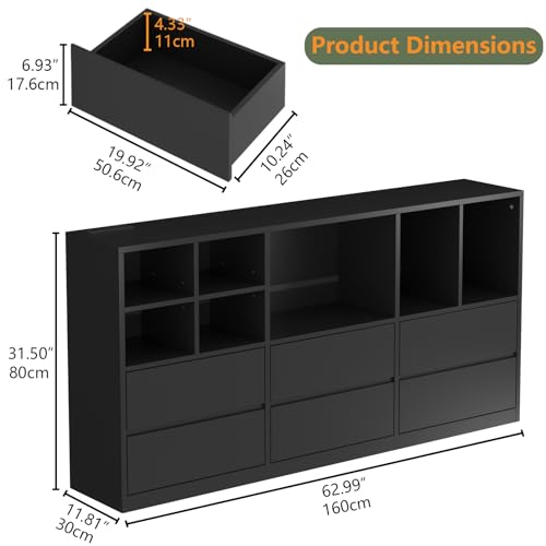 Modern TV Media Console with 6 Drawers & 7 Storage Cubbies, LED Lights & Power Outlet, 63" TV Cabinet with Adjustable Open Storage Shelf, for Living Room (Black) - color: Black