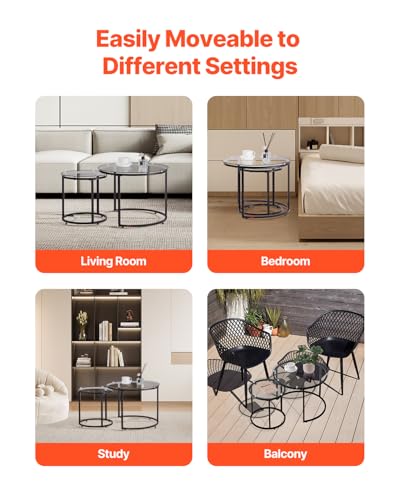 VEVOR Nesting Coffee Table Set of 2, 23.6 in Round Coffee Table, Glass Nesting Tables for Small Place, Modern End Side Tables Night Stand with Metal Frame, for Living Room, Bedroom, Balcony, Office - color: Black