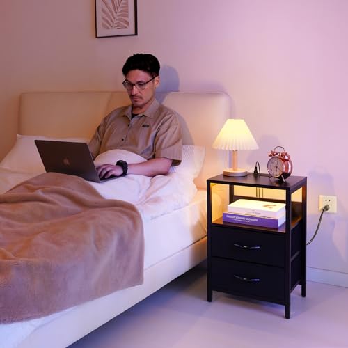 Yoobure Nightstand with Charging Station, LED Night Stand with Fabric Drawers and Storage Shelf for Bedroom, Nightstands Bedside Tables with USB Ports & Outlets, Small Night Stands, Bed Side Table - color: Black