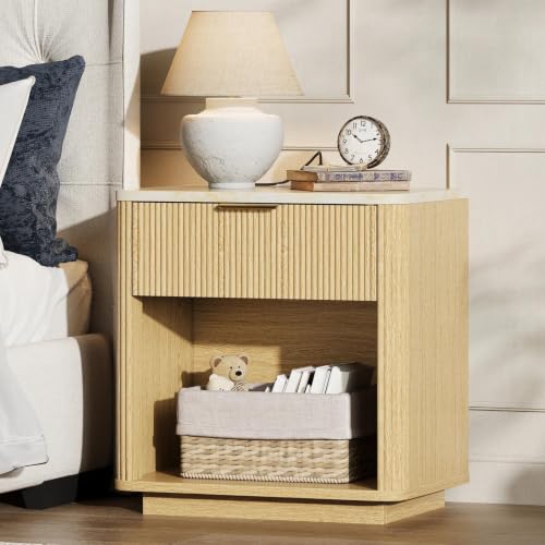 Fluted Nightstand with Drawer, Bedside Table with Faux Marble-Top, Modern Nightstand with Charging Station, Drawers and Open Shelf, Curved Corners, Modern Night Stand for Bedroom, Natural Oak - size: 1 PACK