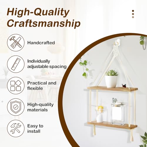 Macrame Wall Hanging Shelf, Handmade Cotton Rope Rustic Wood Shelve | Hand-Woven Cotton Rope & Natural Wood Hold 20 lbs. 2 Acrylic Hooks Included. Boho Charm for Displaying Plants & Collectibles