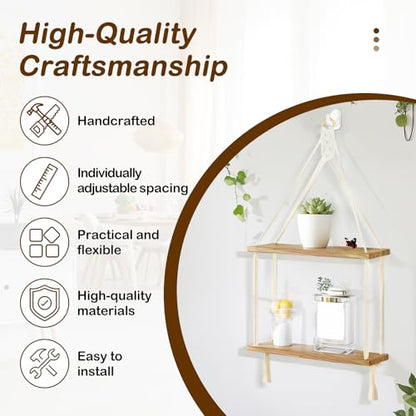 Macrame Wall Hanging Shelf, Handmade Cotton Rope Rustic Wood Shelve | Hand-Woven Cotton Rope & Natural Wood Hold 20 lbs. 2 Acrylic Hooks Included. Boho Charm for Displaying Plants & Collectibles